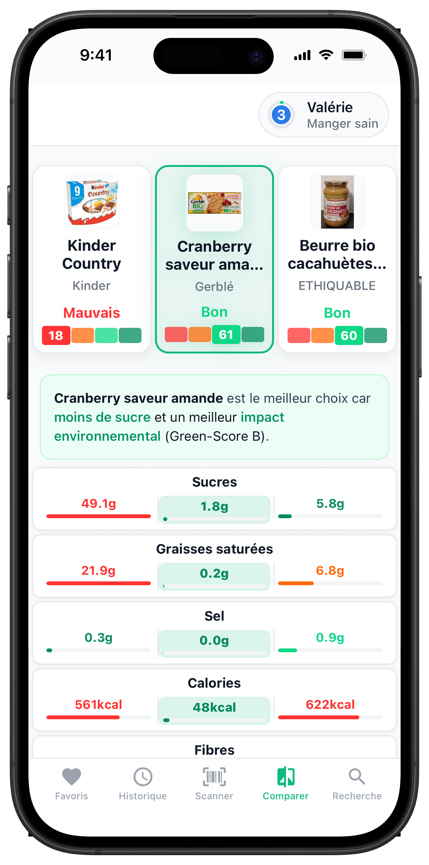 Écran de comparaison côte à côte de trois produits