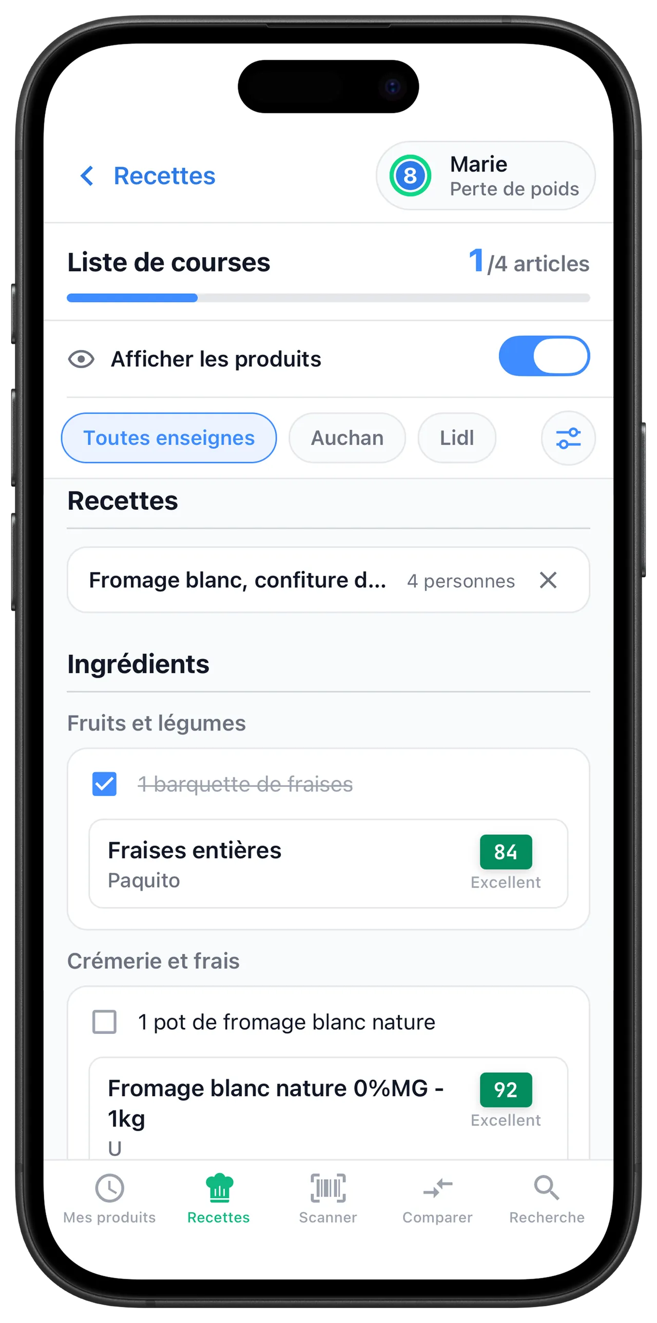 Liste de courses Scanlii, ingrédients regroupés par rayon avec les produits notés