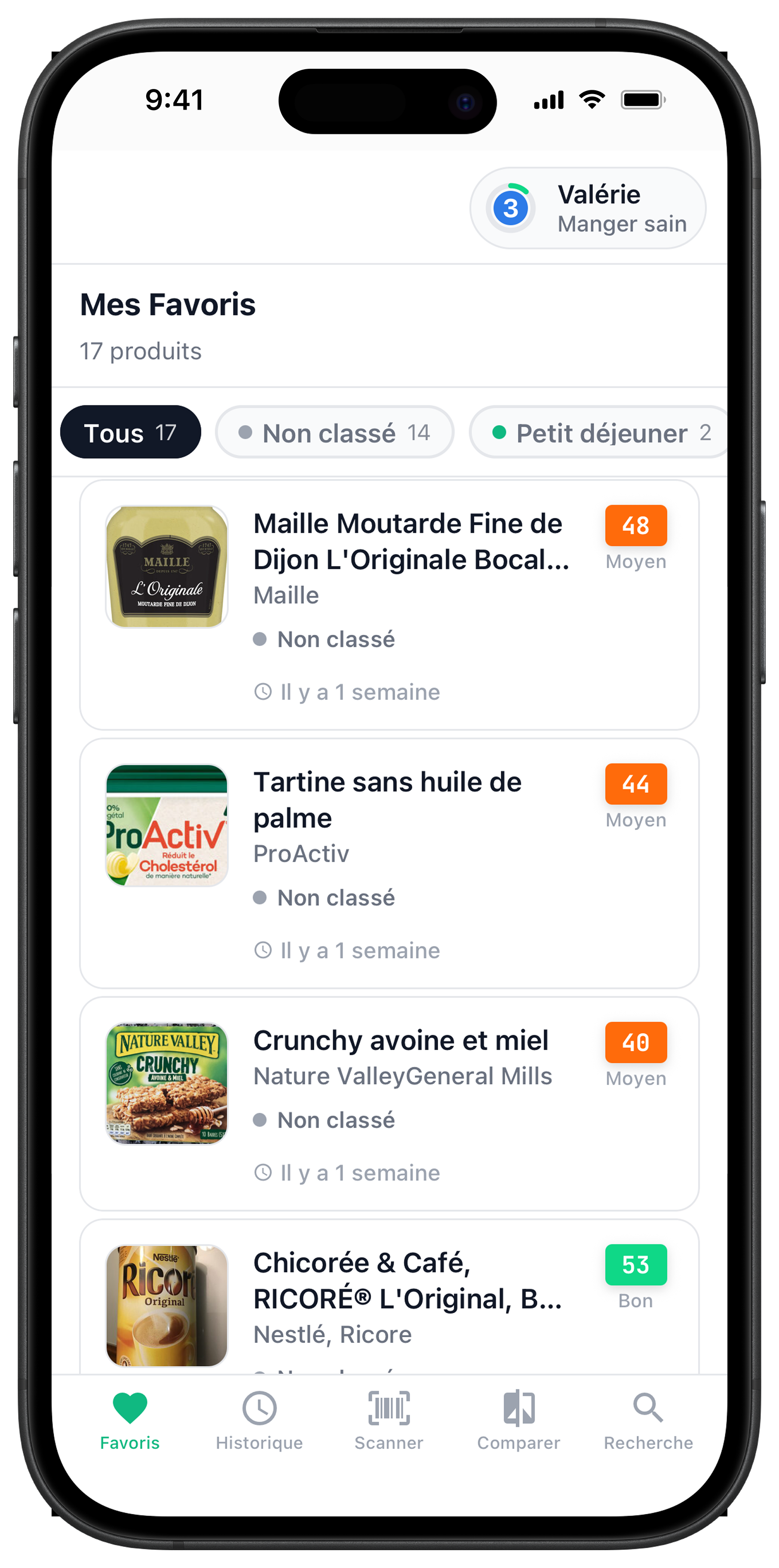 Écran Mes Favoris classés par catégories