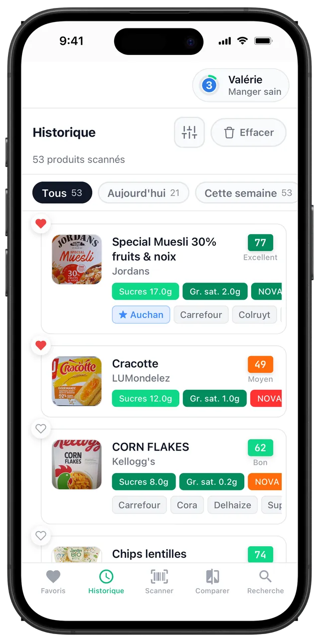 Écran Historique de tous les produits scannés