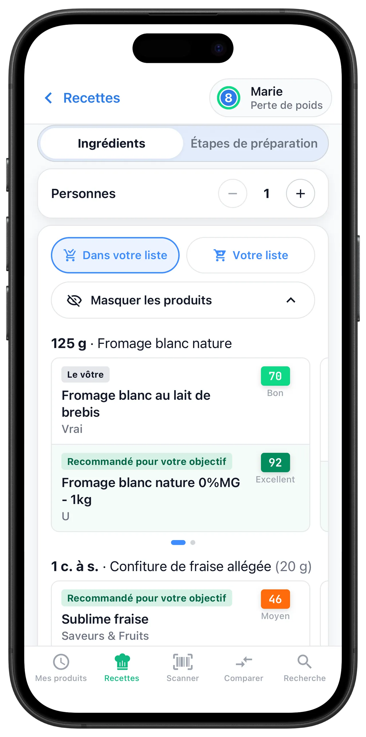 Ingrédients d'une recette Scanlii avec les produits notés suggérés