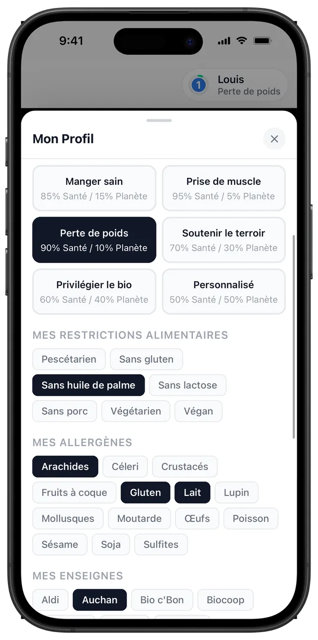 Écran Mon Profil de l'app Scanlii avec choix d'objectif, restrictions, allergènes et enseignes