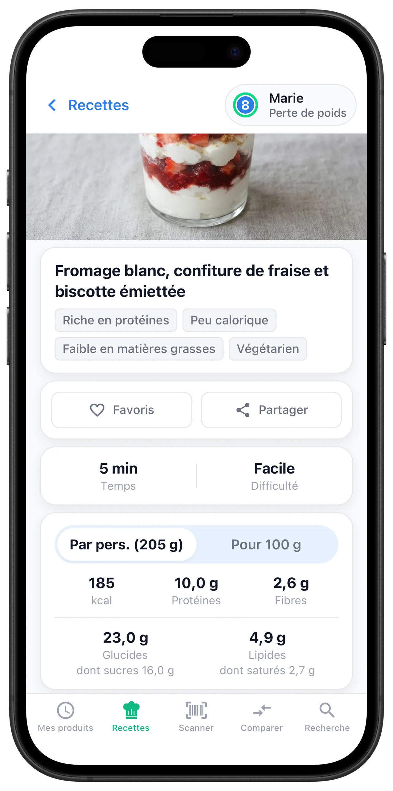 Fiche recette Scanlii avec les valeurs nutritionnelles du plat
