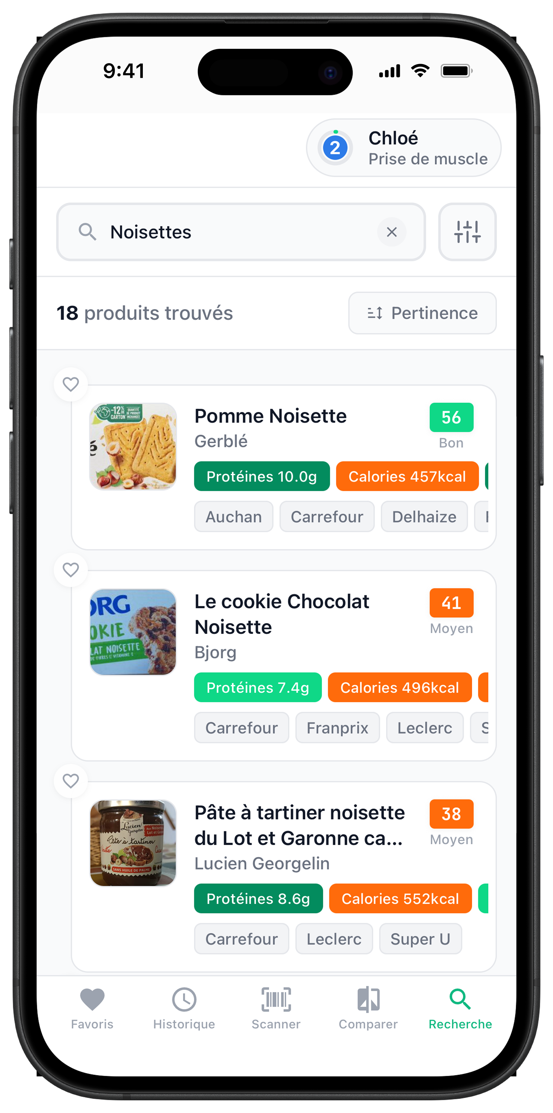 Écran de recherche par nom de produit avec filtres
