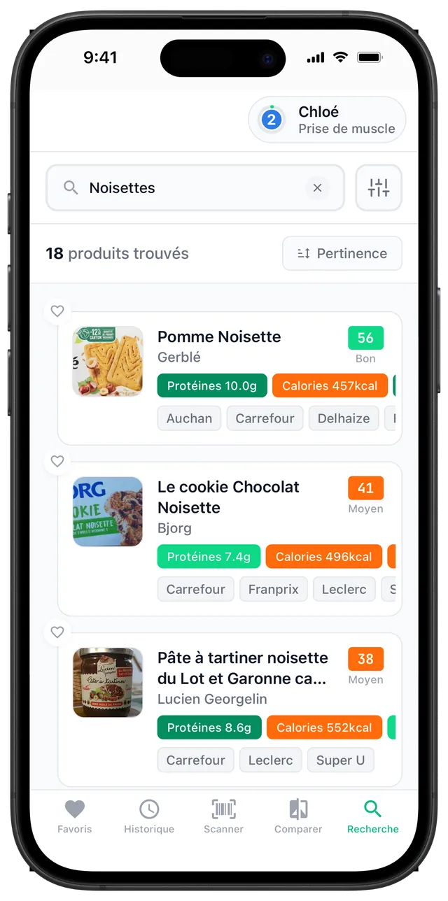 Écran de recherche par nom de produit avec filtres