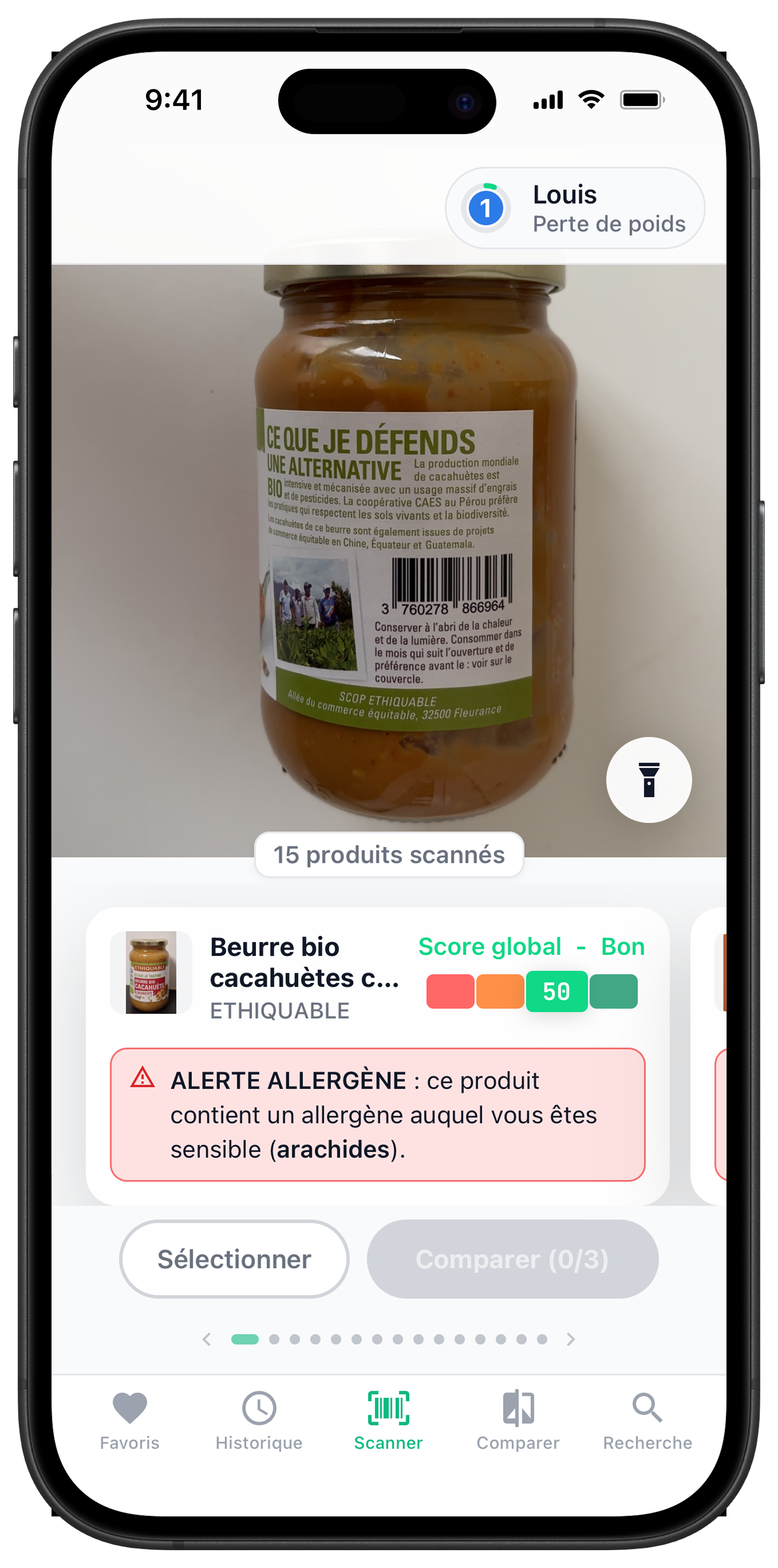 Écran scanner avec alerte allergène