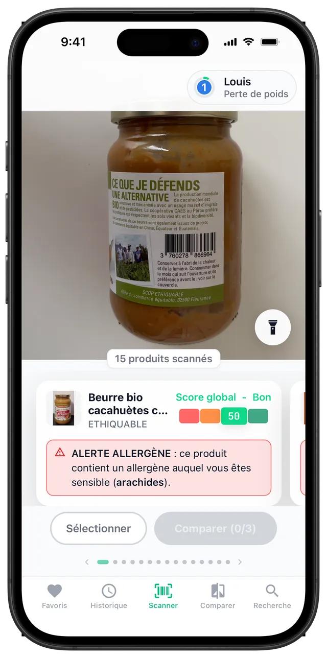 Écran scanner avec alerte allergène