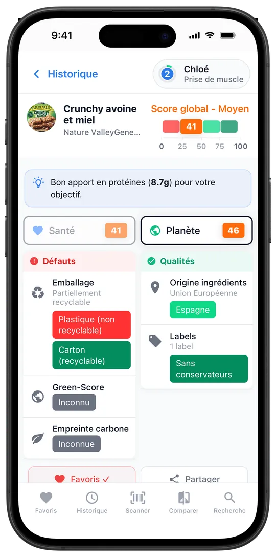 Écran Scanlii affichant le score Planète d'un produit avec origine, labels, empreinte carbone et emballage