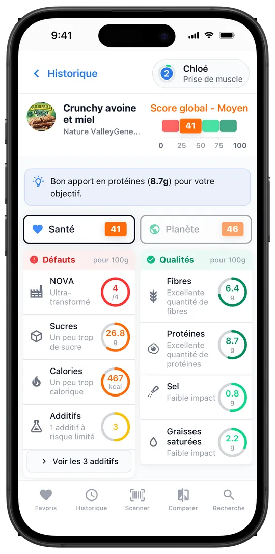 Écran Scanlii affichant le score Santé d'un produit avec ses défauts et qualités