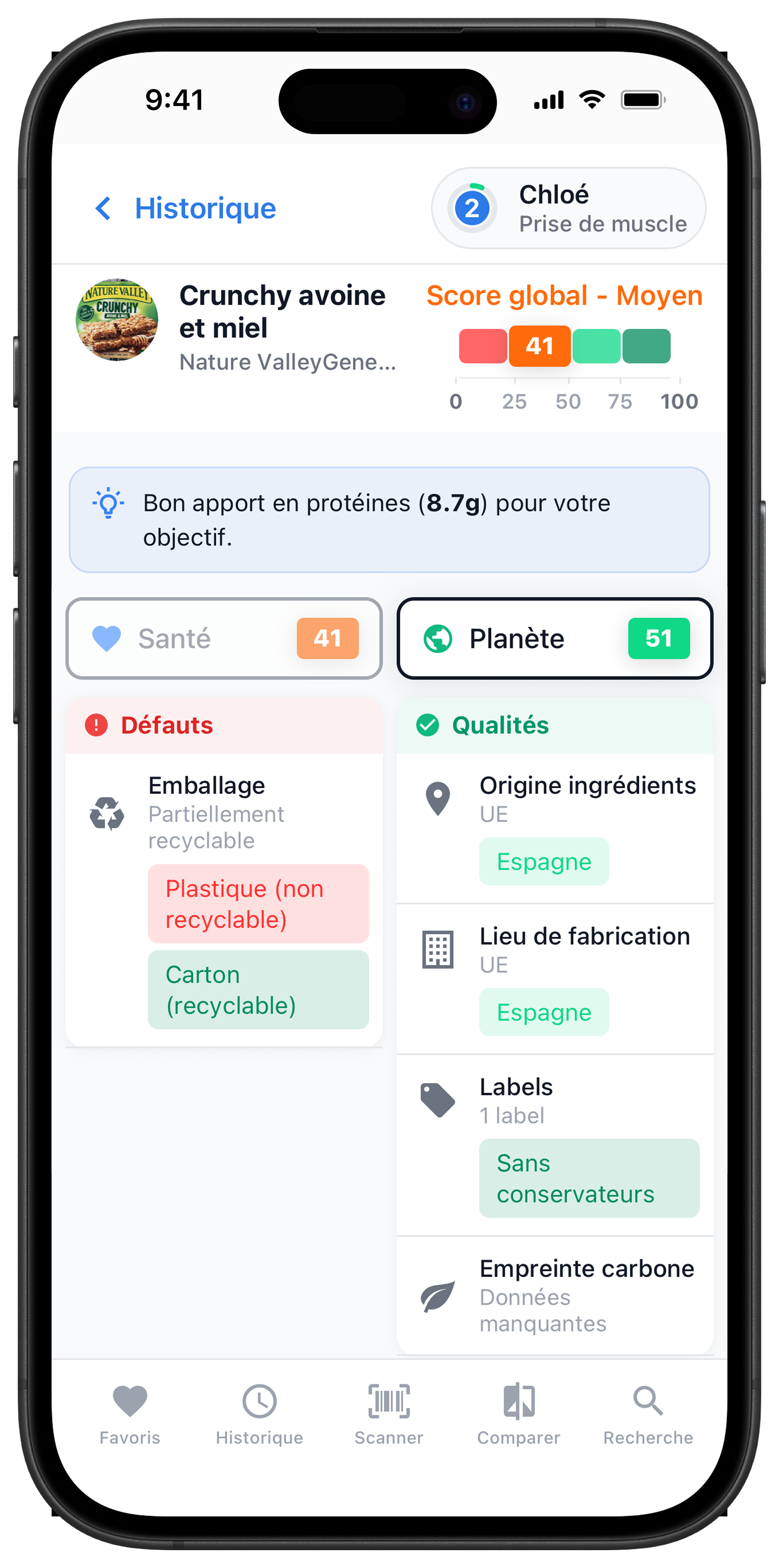 Écran Scanlii affichant le score Planète d'un produit avec origine, labels, empreinte carbone et emballage