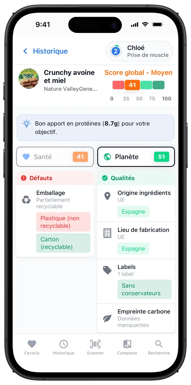 Écran Scanlii affichant le score Planète d'un produit avec origine, labels, empreinte carbone et emballage