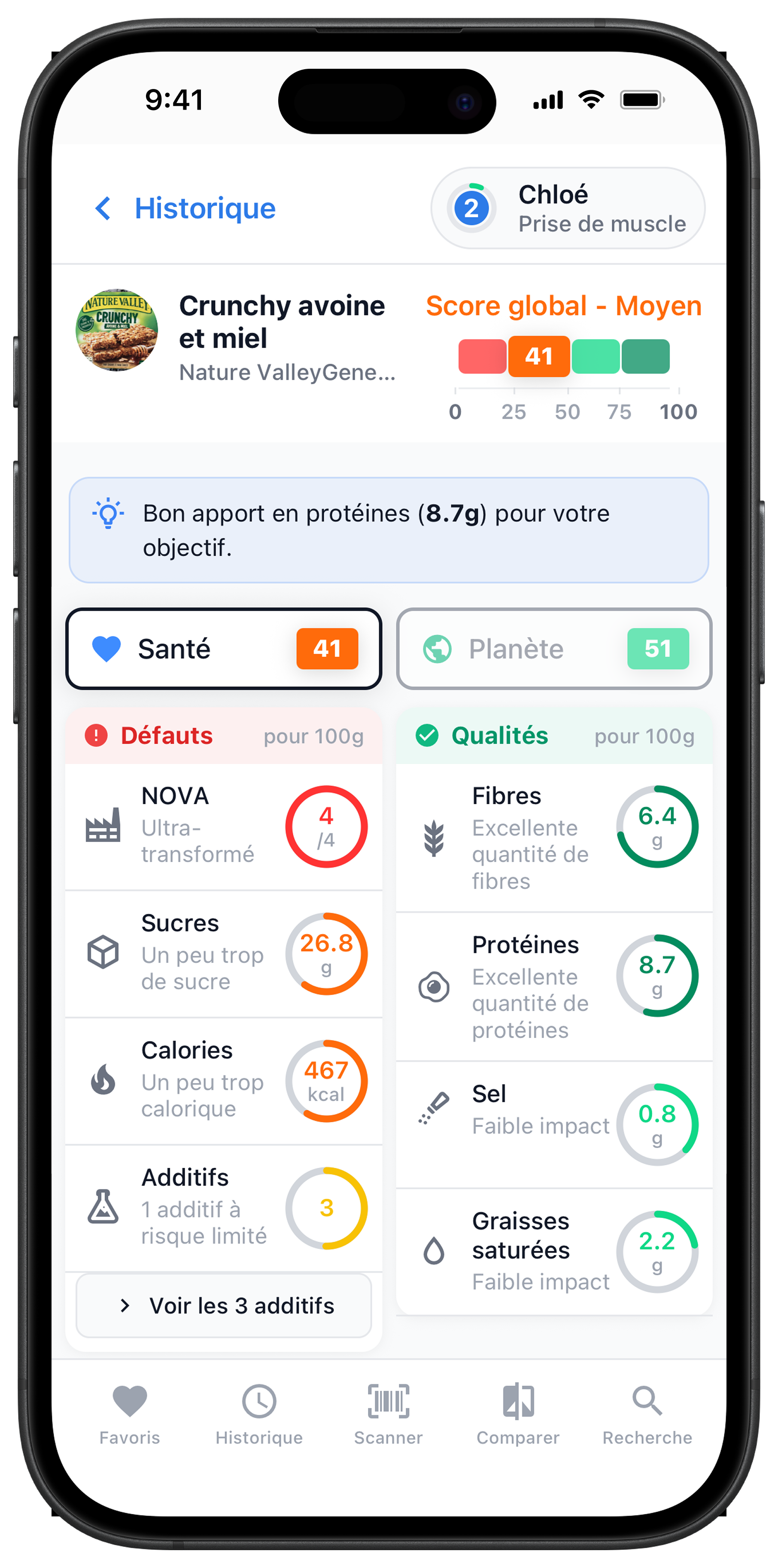 Écran Scanlii affichant le score Santé d'un produit avec ses défauts et qualités