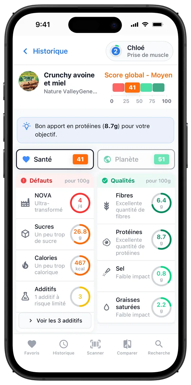 Écran Scanlii affichant le score Santé d'un produit avec ses défauts et qualités